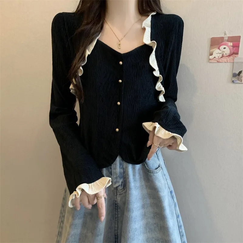 

Autumn New Corduroy Splicing Ruffled Pullovers Women Square Collar Long-sleeved Falre Sleeve Bottoming Slim Thin Blouse Female