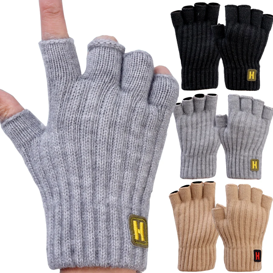 

Wool Knitted Thick Thermal Half Finger Gloves Women Men Keep Warm Winter Outdoor Driving Fingerless Glove Touchscreen Mittens