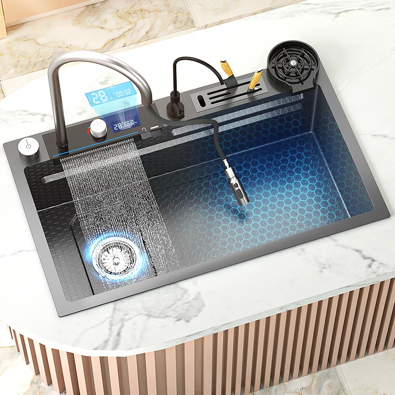 Left side pull out kitchen sink Digital display waterfall faucet Double slide design with knife holder
Left side pull out kitchen sink Digital display waterfall faucet Double slide design with knife holder
