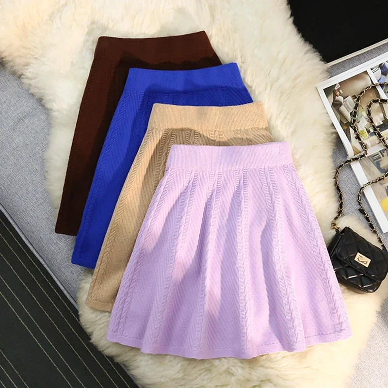 

Зимняя плиссированная трикотажная юбка, женская сексуальная эластичная юбка трапециевидной формы с завышенной талией, универсальная короткая мини-юбка, фиолетовая, черная, L537