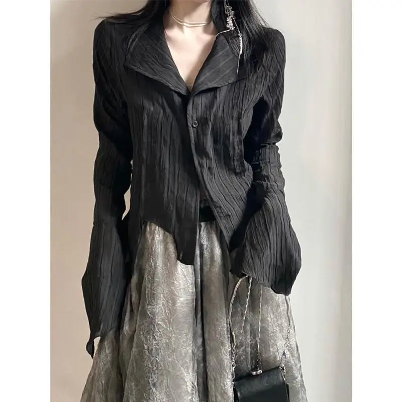 Vintage Black Asymmetrical Blouse Spring Autumn New Long Sleeve Polo Neck Solid Color Slim Shirt Tops Trend Y2K Women Clothing
Vintage Black Asymmetrical Blouse Spring Autumn New Long Sleeve Polo Neck Solid Color Slim Shirt Tops Trend Y2K Women Clothing