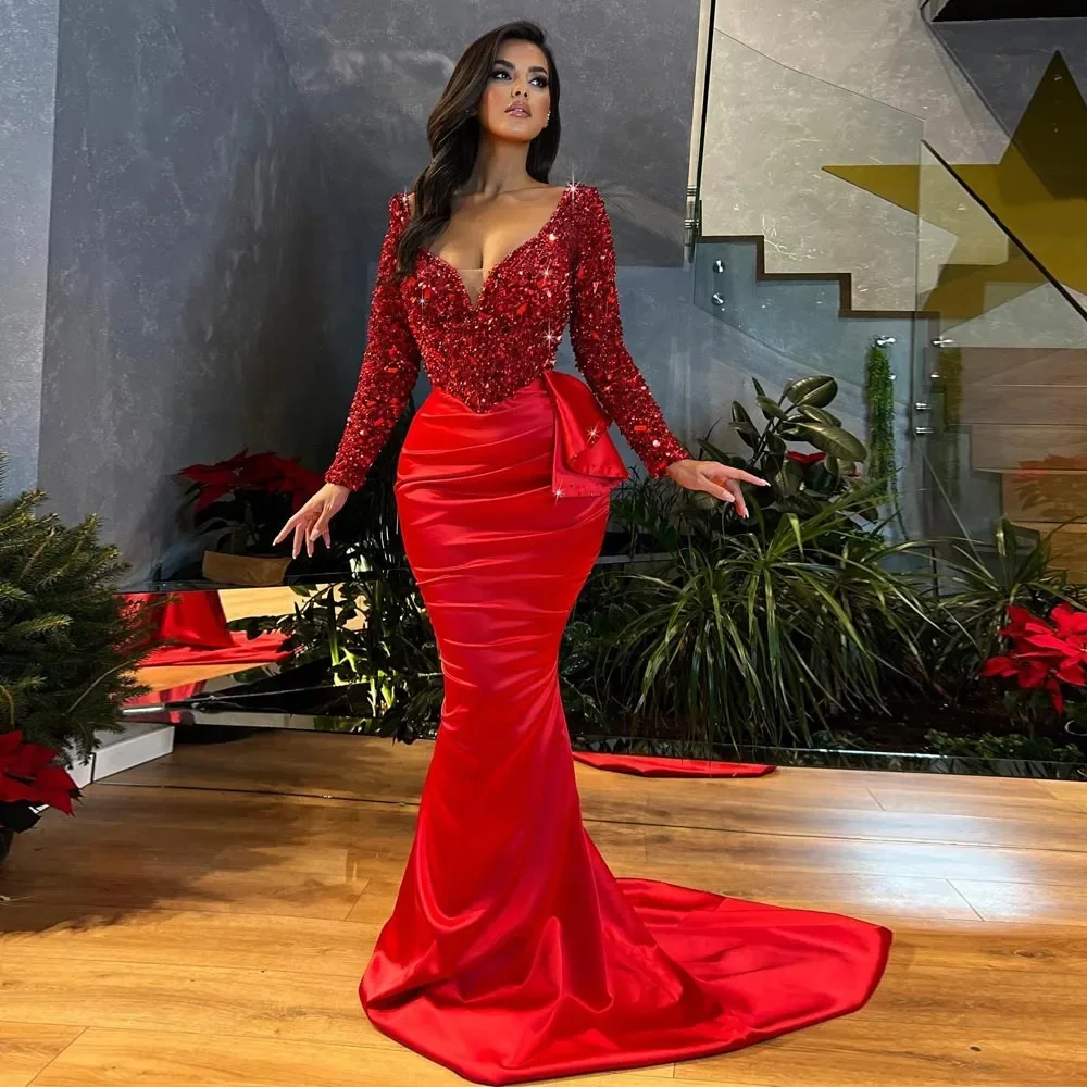 2024 New Red Mermaid Prom Dresses Deep V Neckline Evening Gowns With Long Sleeves Sweep Train Satin Special Occasion Formal Wear
2024 New Red Mermaid Prom Dresses Deep V Neckline Evening Gowns With Long Sleeves Sweep Train Satin Special Occasion Formal Wear