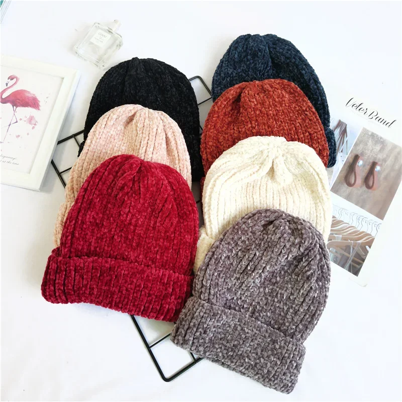 

Chunky Striped Beanies Hats Winter Women Girl Boy Thick Warm Soft Corduroy Knitted Hat Skullies Cap Curled Skullcap Skiing Sport