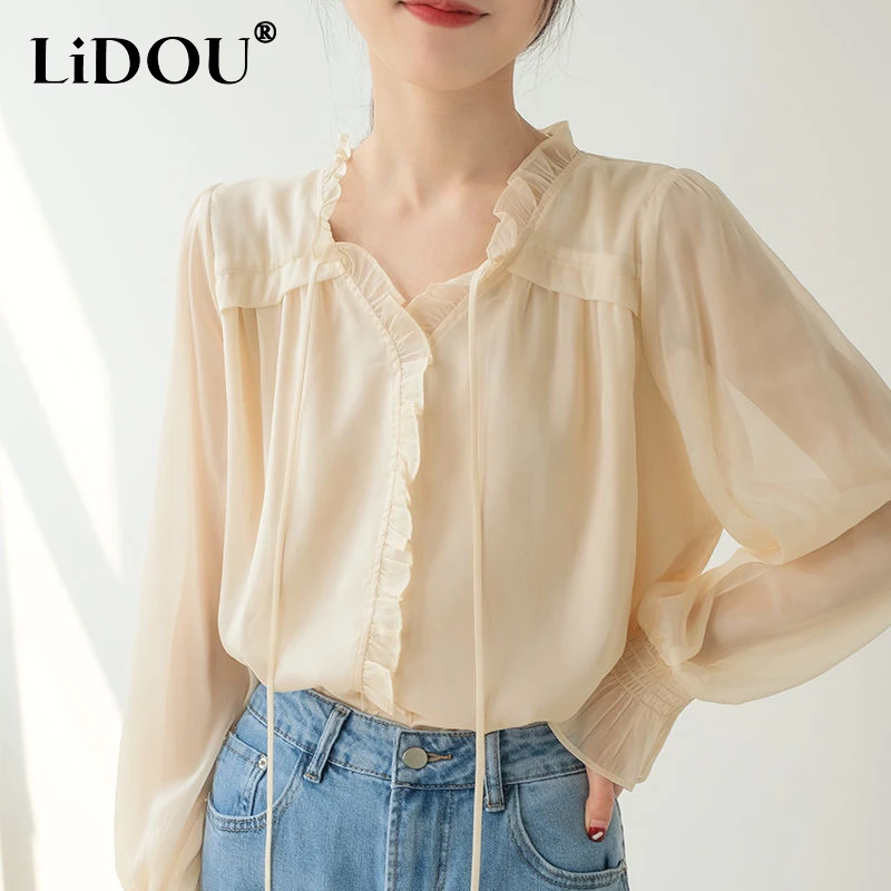 

2023 Spring New Fashion Solid Color Elegant Shirt Women Ruffled Neck Lantern Sleeve Lacing Pullovers Korean Style All-match Tops