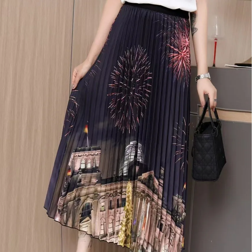 

Nighpha Midi Long Skirt for Women Elastic Waist Printed Pleated Skirt Large Hem A-line Skirt Korean Style Spring and Summer