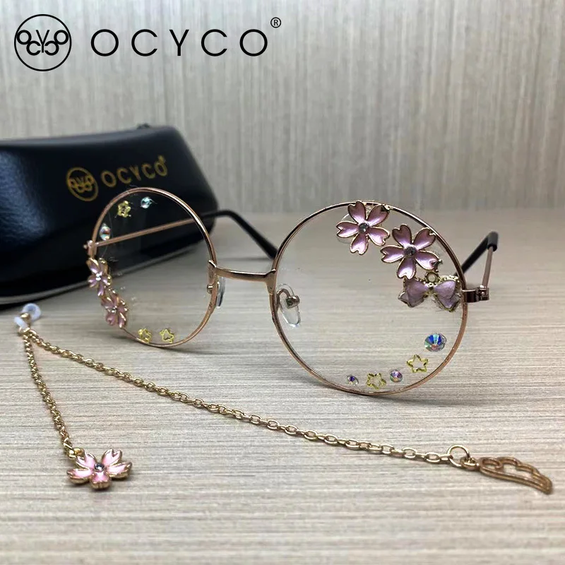 

OCYCO Cute Handmade Round Alloy Sakura Bowknot Wing Sunglasses Women With Chain Gothic Female Shades Ladies Girls Eyewear UV400