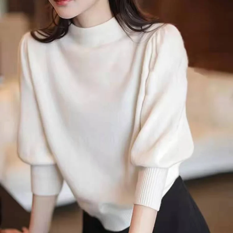 

2023 New Spring and Autumn Half High Collar Long Sleeve Underlay Shirt with Temperament and Three Quarter Sleeve Knitted Top
