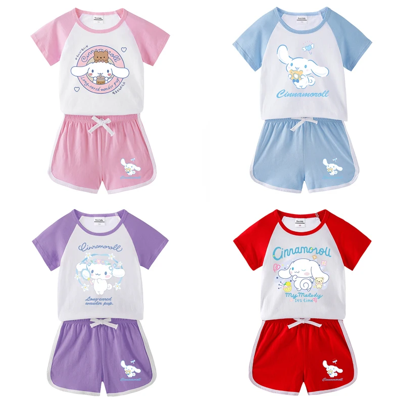 Sanrio аниме Cinnamoroll Детские футболки с коротким рукавом шорты милые Мультяшные летние новые повседневные спортивные комплекты из двух частей подарок 
Sanrio аниме Cinnamoroll Детские футболки с коротким рукавом шорты милые Мультяшные летние новые повседневные спортивные комплекты из двух частей подарок