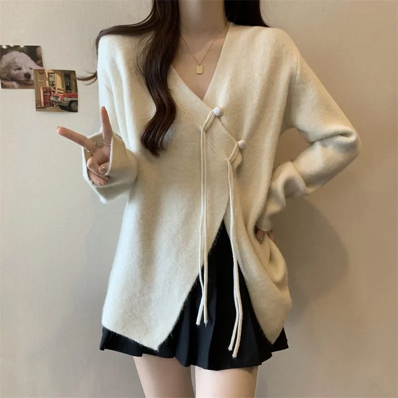 

Hsa V-neck new 2023 loose lazy style sweater women's autumn and winter versatile mid-length slit diagonal button sweater wom