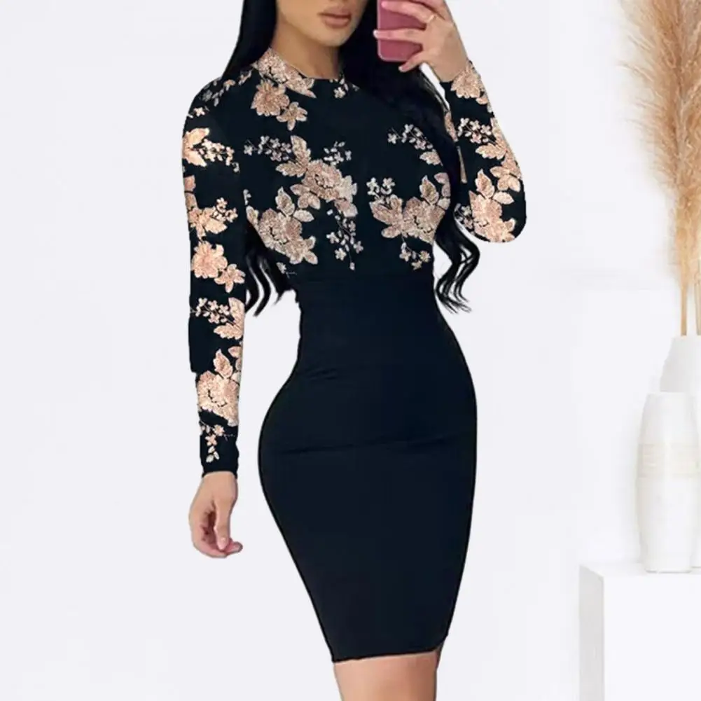 

Elegant High Waistline Dress Flower Print Slim Fit Mini Dress with High Waist Long Sleeve for Women Tight Sheath O Neck Elastic