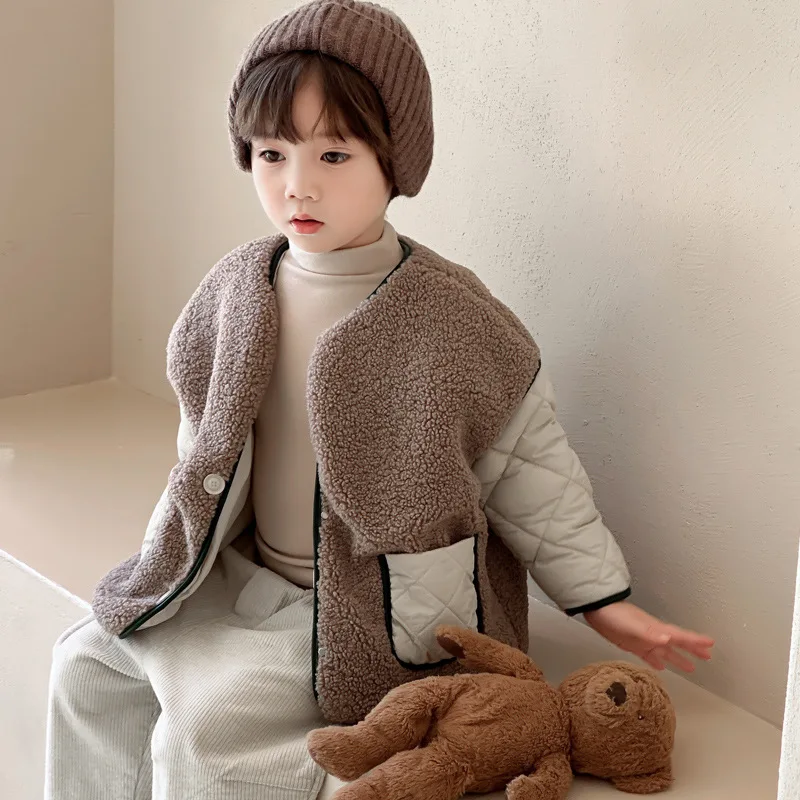 

2023 Korean Autumn Winter Childrens Boys Parkas Recreational Plush Cotton Thickened Kid Boy Coat Lamb Fleece Warm Baby Boy Coat
