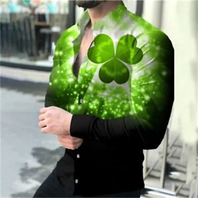 

Мужская Повседневная рубашка, уличная мягкая удобная рубашка с лацканами и пуговицами, с 3-мя листьями клевера, весна-лето 2023