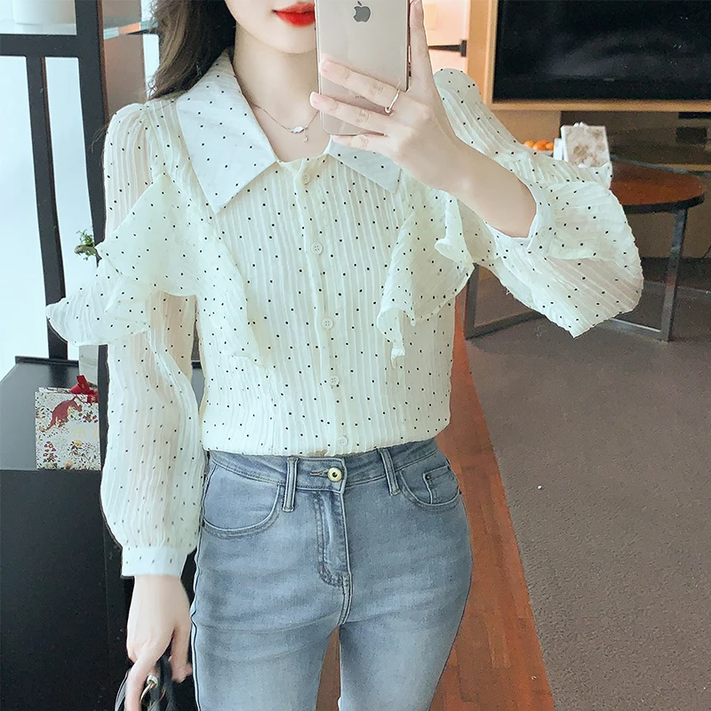 Ladies Casual Ruffle Edge Wave Point Shirts Blouse Women Tops Woman Button Up Shirt Female Girls Long Sleeve Blouse Py1321-1
Ladies Casual Ruffle Edge Wave Point Shirts Blouse Women Tops Woman Button Up Shirt Female Girls Long Sleeve Blouse Py1321-1
