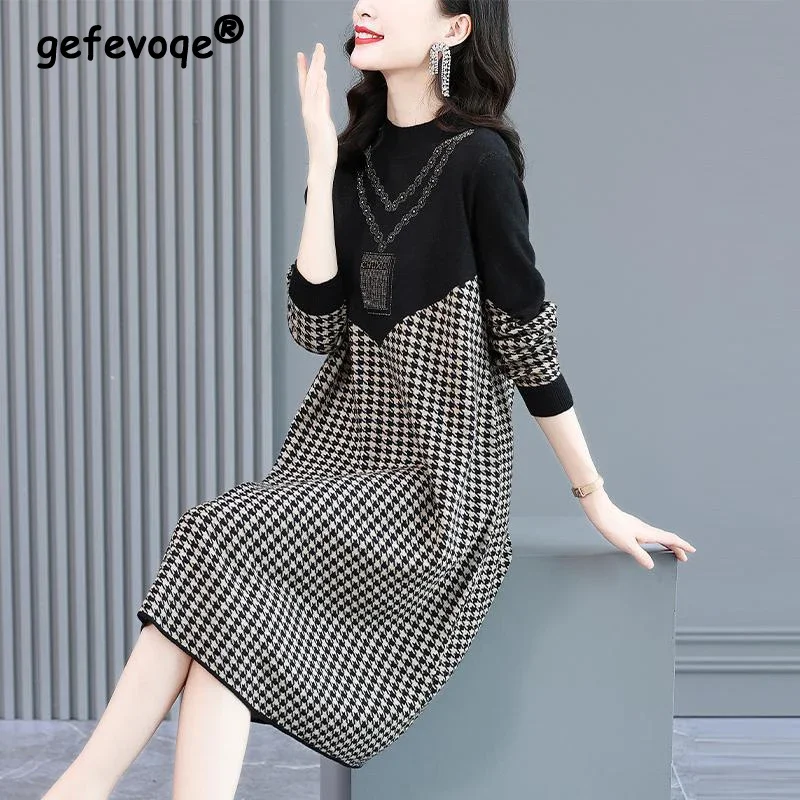 

Fall Winter Fashion Elegant Chic Houndstooth Diamonds Party Knitted Sweater Dresses for Women Long Sleeve Slim Basic Midi Dress
