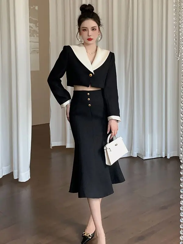 Fashion Ladies Temperament Fall Winter Office 2 Piece Sets Women's Long Sleeve V-Neck Cropped Top+High Waist Mermaid Skirt Suit 
Fashion Ladies Temperament Fall Winter Office 2 Piece Sets Women's Long Sleeve V-Neck Cropped Top+High Waist Mermaid Skirt Suit