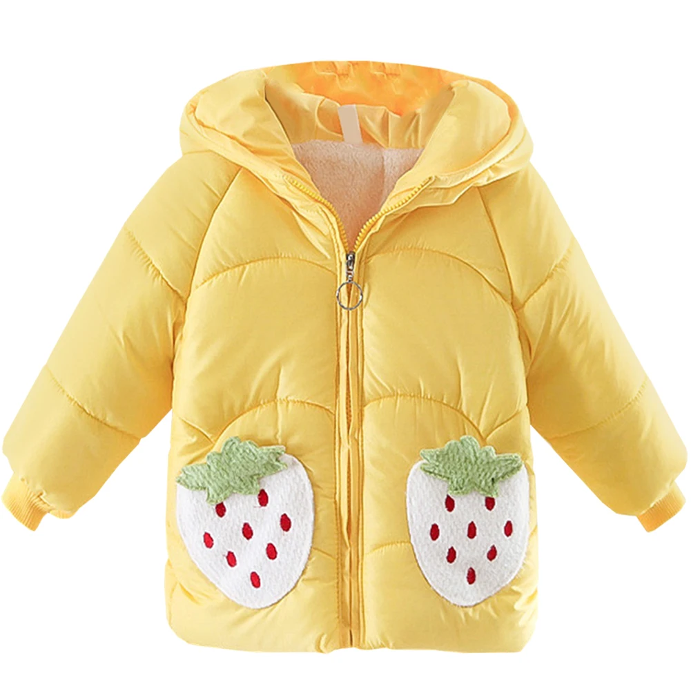 

Babies Puffer Coat Hooded Warm Winter Girls Cotton-Padded Jacket Strawberry Pocket Toddlers Windproof Plush Snow Wear