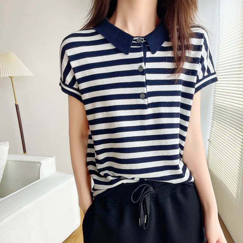 Women's T-Shirt 100% Cotton Sweater Short Sleeve Striped Knitted Turn-down Collar Ladies Tops Loose Blouse Pullover Tees Buttons
Women's T-Shirt 100% Cotton Sweater Short Sleeve Striped Knitted Turn-down Collar Ladies Tops Loose Blouse Pullover Tees Buttons