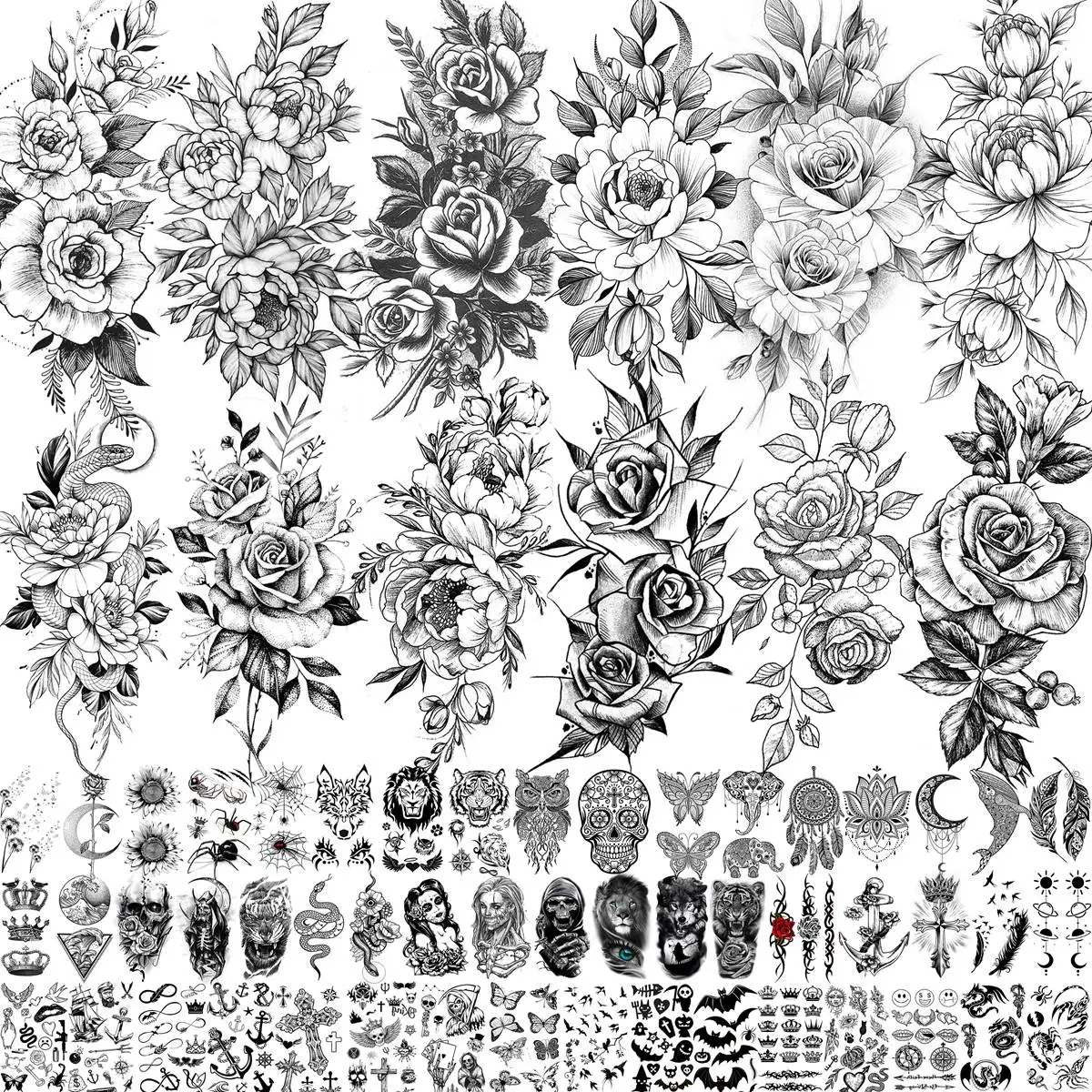 63 Sheets Realistic Rose Flower Temporary Tattoos For Women Body Art Arm Tattoos Sticker Fake Snake Floral Tatoos Black Decor 3D
63 Sheets Realistic Rose Flower Temporary Tattoos For Women Body Art Arm Tattoos Sticker Fake Snake Floral Tatoos Black Decor 3D