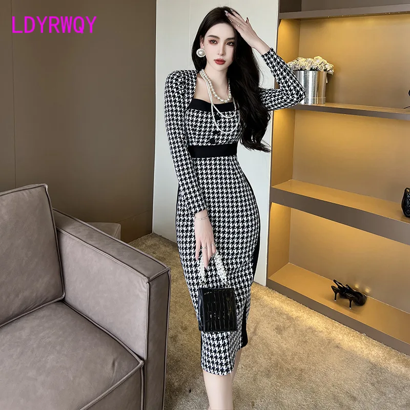 

2023 Spring Fashion New Women's Retro Commuter Style Square Neck Slim Fit Wrap Hip Thousand Bird Check Dress