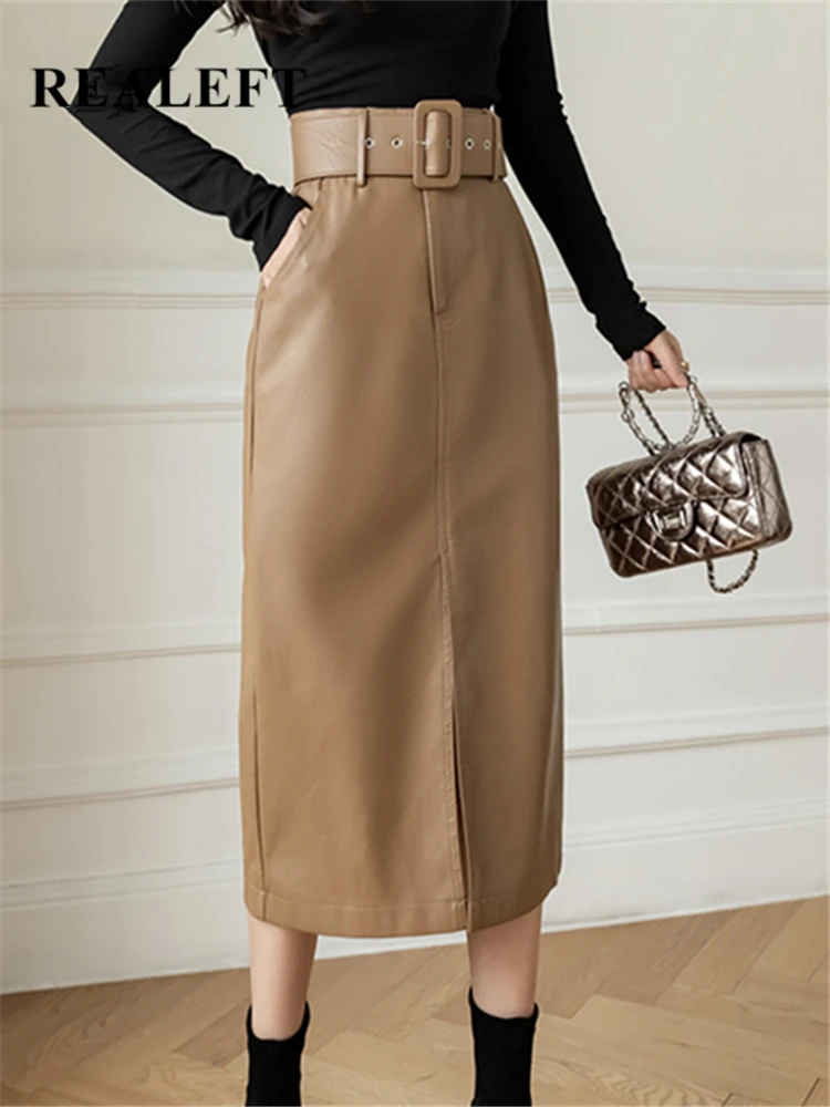 

REALEFT Autumn Winter PU Faxu Leather Women's Mi-long Wrap Skirts with Belted High Waist Front Split Sheath Pencil Skirt Female