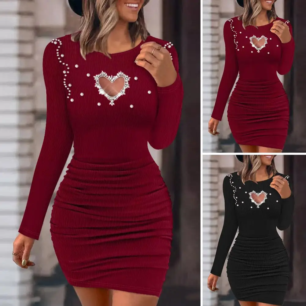 

Comfortable Slim-fitting Dress Elegant Pearl-decorated Knitted Sheath Dress with Cutout Heart Detail Women's Solid Color for A