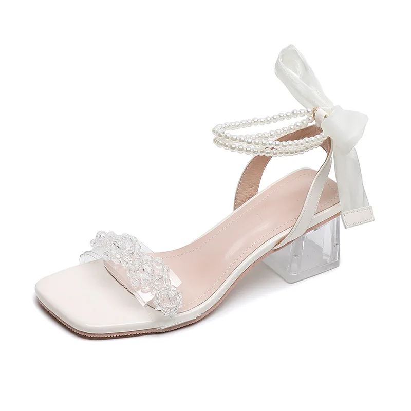 

Thick Heeled Sandals, Summer Haute Couture 2023, Bow Tie Pearl Line Crystal High Heels, Small Size Women's Shoes 33-40