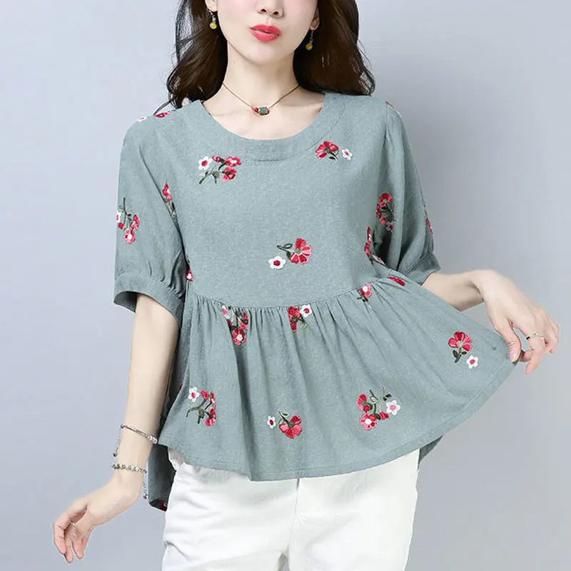 

Commute Fashion Embroidery Blouse Folk Summer Short Sleeve Female Clothing Basic Round Neck Casual Loose Waist Irregular Shirt