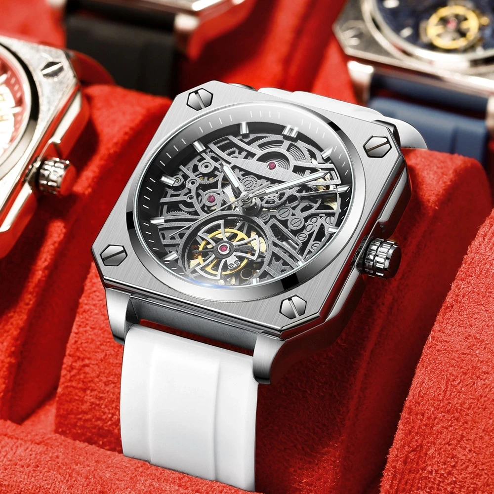 

2023 New box BINBOND H1133 Tourbillon Mechanical Watch Men Automatic Steel Strap Skeleton Mens Watches Top Brand Luxury