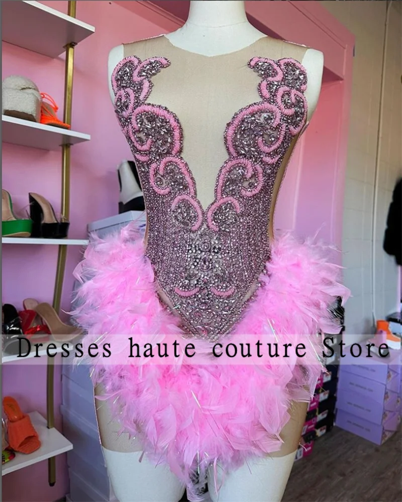 

pink Feathers Beaded Short Prom Dress 2024 For Black Girls Birthday Party Dresses Mermaid Mini Cocktail Homecoming Gown