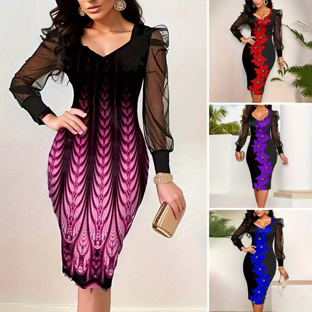 Spring Printed Dress Elegant V Neck Mesh Sleeve Midi Dress Printed Sheath Knee Length Plus Size Formal Dress Slim Fit for Women
Spring Printed Dress Elegant V Neck Mesh Sleeve Midi Dress Printed Sheath Knee Length Plus Size Formal Dress Slim Fit for Women