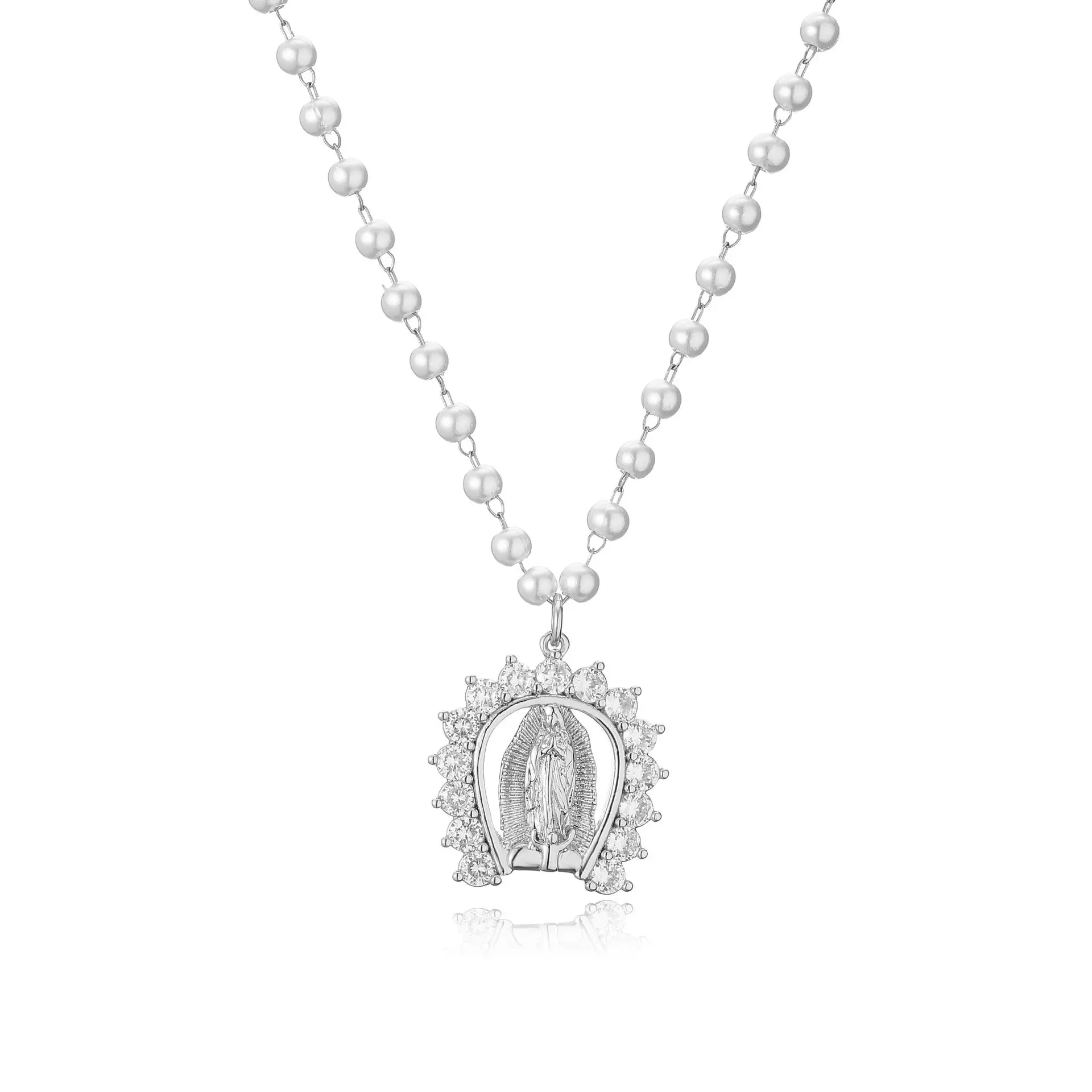 

New Necklace Women's 18k Gold Plated Crystal Zircon Virgin Mary Pendant Pearl Chain Popular Fashion Jewelry Lover Gift