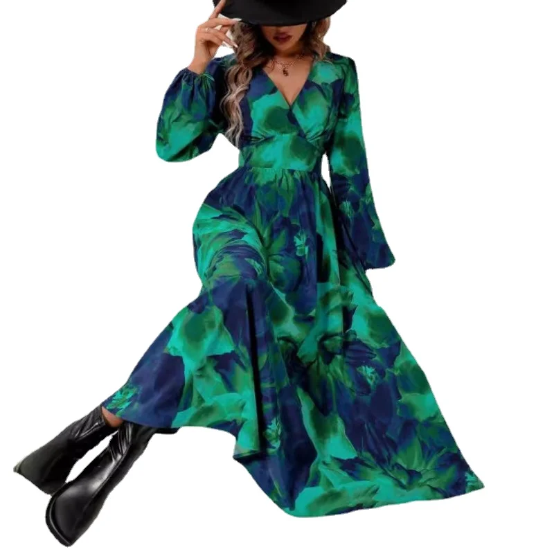 

A Floral Dress Women 2024 Summer Oversize Elegant Long Sleeve Casual Dresses Female Loose Bohemian Beach Holiday Dresse