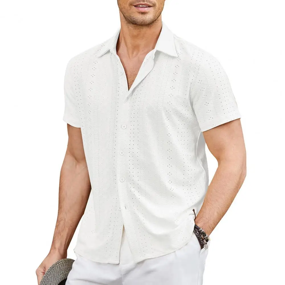 

Cutout Shirt Stylish Men's Hollow Out Breathable Summer Shirt with Turn-down Collar Short Sleeves for Vacation or Beach Wear Men