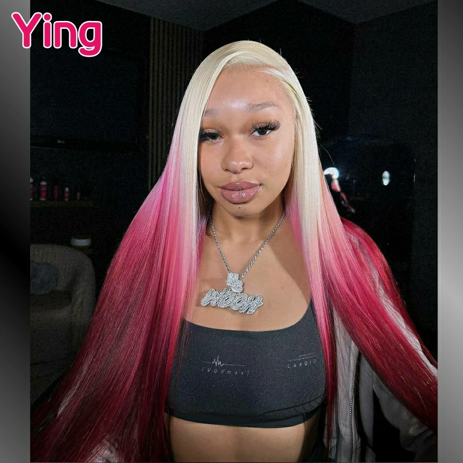 

Ying Omber Pink Bone Straight 180% Brazilian Remy 13x4 Transparent Lace Front Wigs With Bang #613 Blonde 13X6 Lace Frontal Wigs