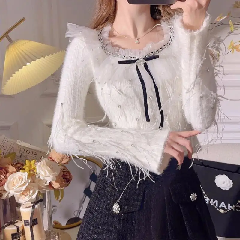 

White Mohair Knitted Beaded Bow Tie Women Sweet Pullovers Lace Patchwok Square Collar Design Slim Sweaters Tops Winter 2023