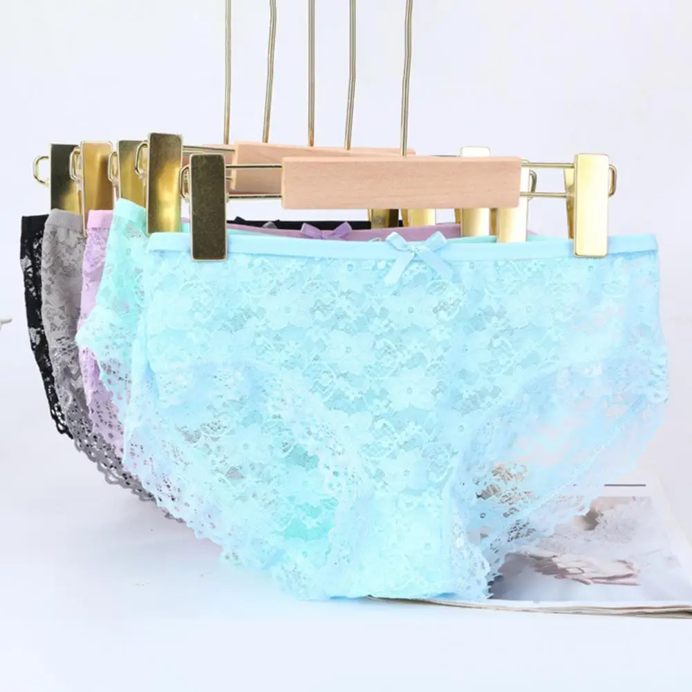 Culotte taille moyenne respirante pour femme, nœud papillon creux, dentelle douce transparente, slip sexy pour femme, sous-vêtement 2