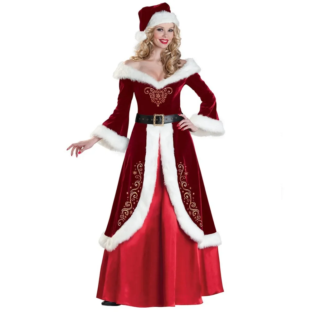 

Woman Santa Claus Cosplay Costume Red Deluxe Velvet Fancy Christmas Dress Suit Adult Women Xmas Party Costume S-XXL