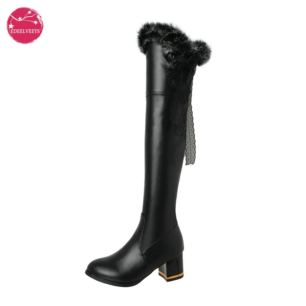 

Winter Warm Rabbit Fur Knee High Boots Sweet Lolita Riband Lace Up Stretch Bootie Chuncky Heels Big Feet Large Plus Size 48