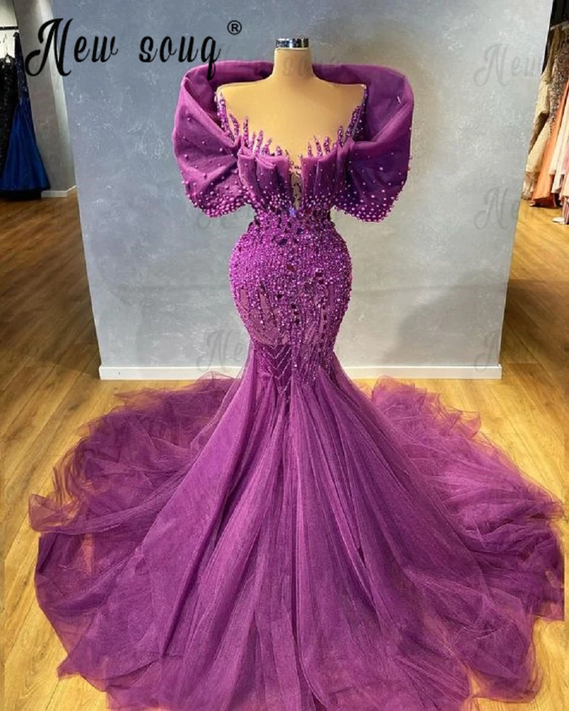 

Middle East Women Newest Beaded Evening Dress Purple Handmade Stones Pearls Wedding Party Gowns Formal Prom Dresses Luxury Robes