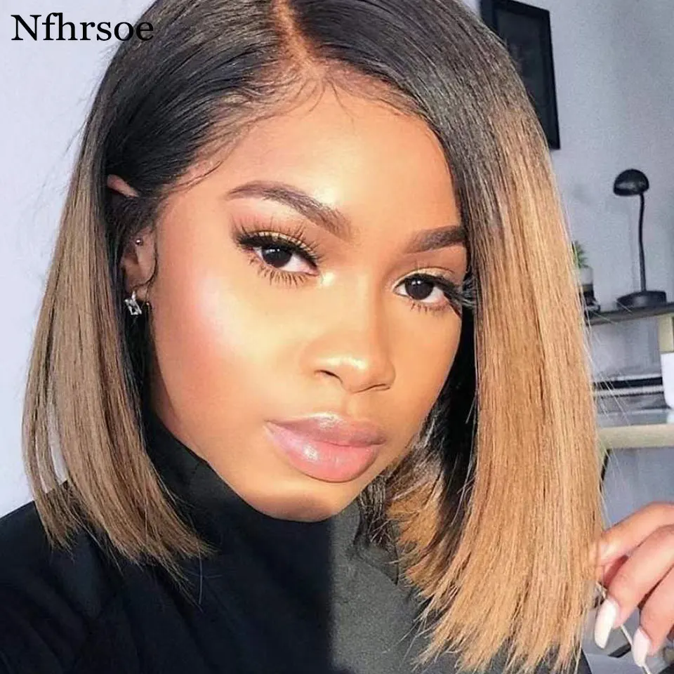 

Blonde Brown Ombre 13x4 Lace Front Bob Wigs Preplucked Brazilian Remy Straight Short 13x6 Frontal Wig Women 4x4 Closure Wig 150%