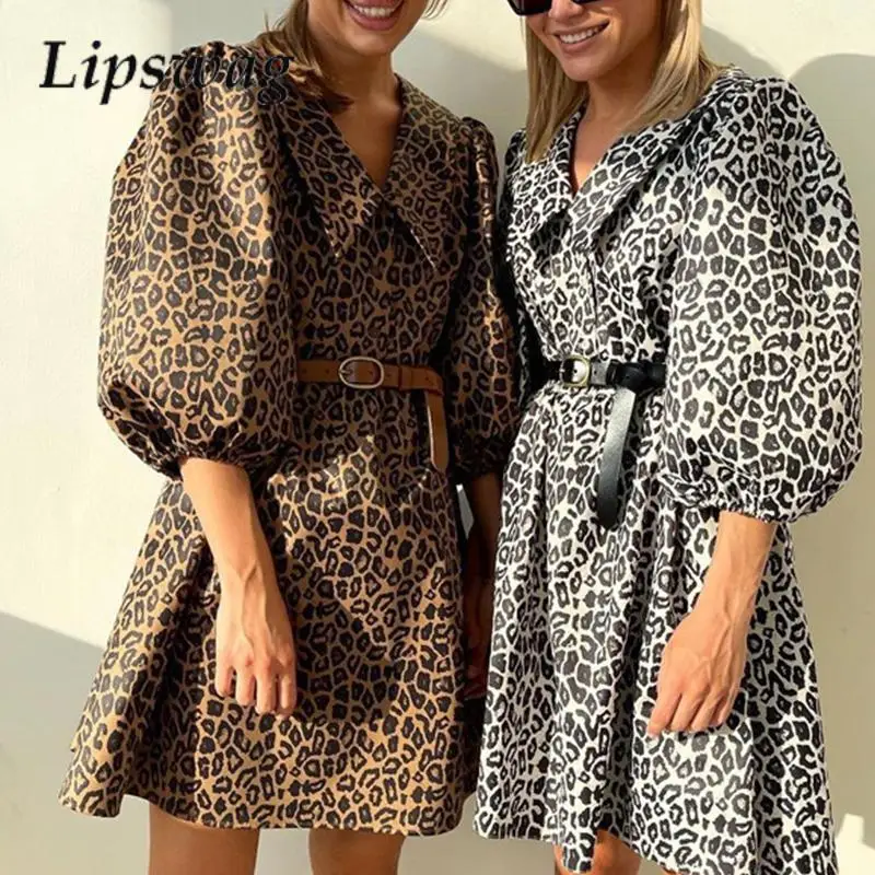 

Women Bubble Sleeve Commuter French Dress Elegant A-Word Versatile Mini Dress Stylish New Leopard Print V-Neck Dresses Vestidos