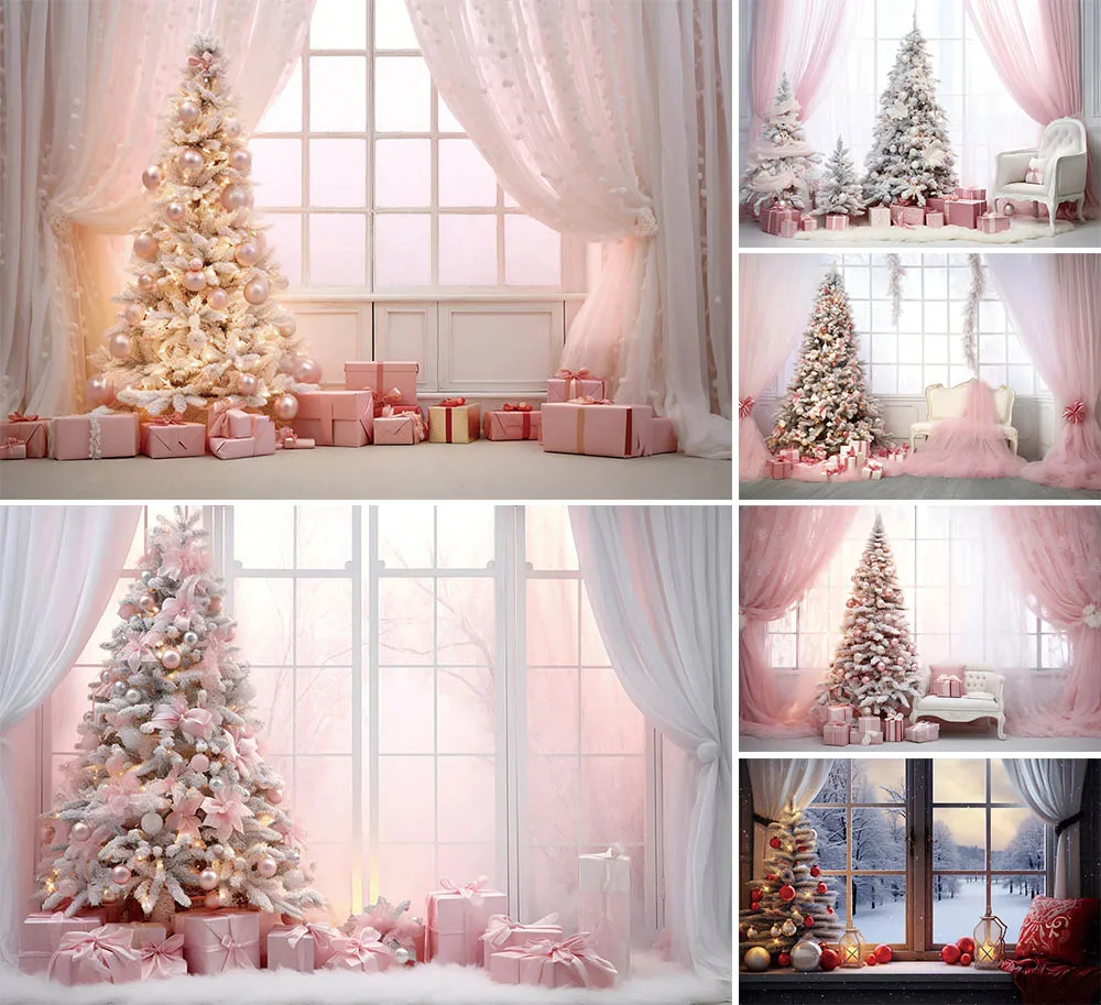 

Mehofond Indoor Xmas Gift Backdrops For Kids Family Party Photography Christmas Tree Pink Girl Curtain Window Background Decor