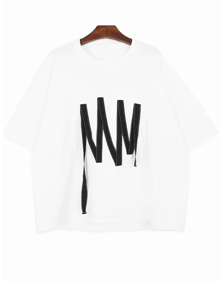 Женская футболка с коротким рукавом, черная футболка большого размера с круглым вырезом и вышивкой из ленты, M410, весна-лето 2023 
Женская футболка с коротким рукавом, черная футболка большого размера с круглым вырезом и вышивкой из ленты, M410, весна-лето 2023