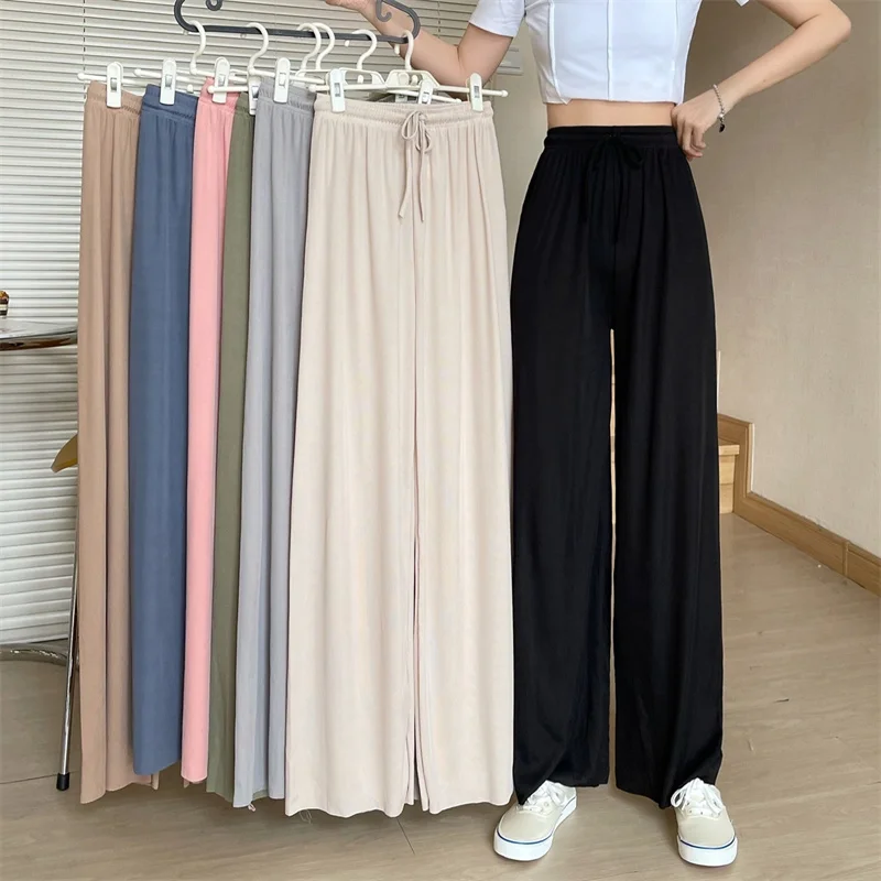 2023 Summer Ice Silk Wide-leg Pants Women Thin Straight Pants Elastic-waist Solid Soft Elegant Drawstring Lady Casual Trousers
2023 Summer Ice Silk Wide-leg Pants Women Thin Straight Pants Elastic-waist Solid Soft Elegant Drawstring Lady Casual Trousers