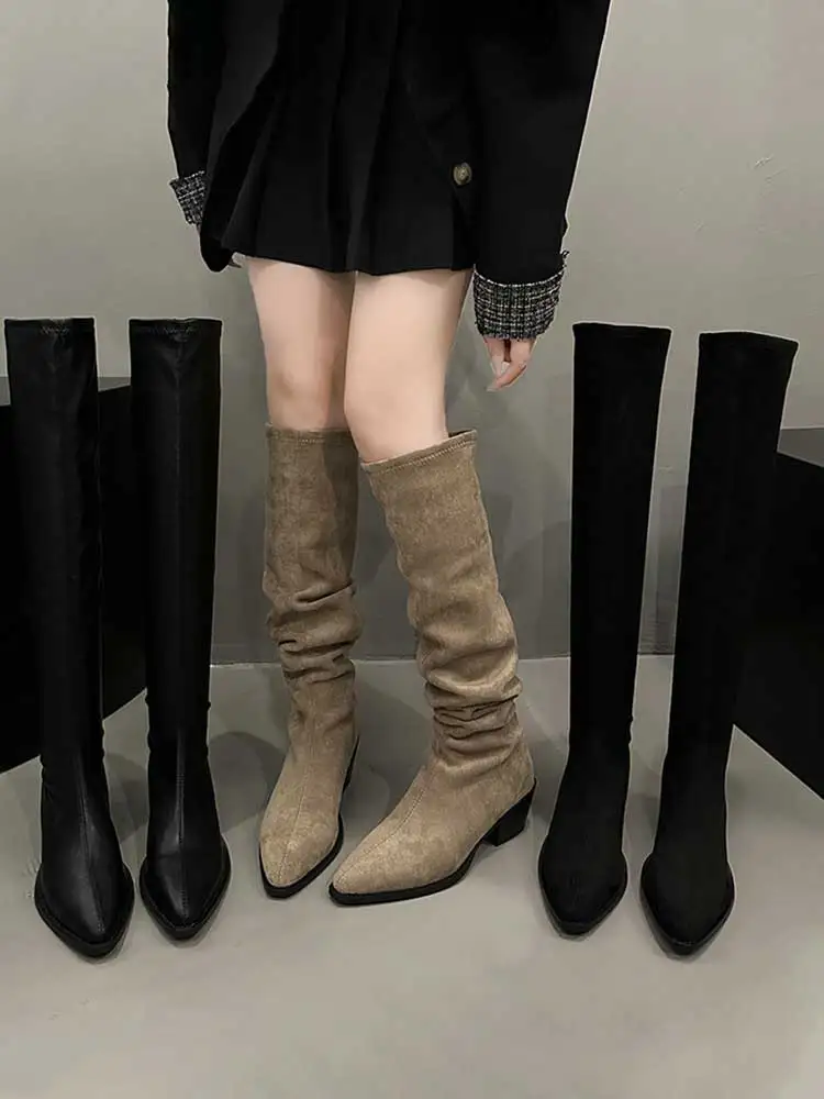 

Med Heel Boots Female Shoes Clogs Platform Boots-Women Ladies Pointy Autumn Over-the-Knee Rubber 2023 Lace-Up Cotton Fabric Can