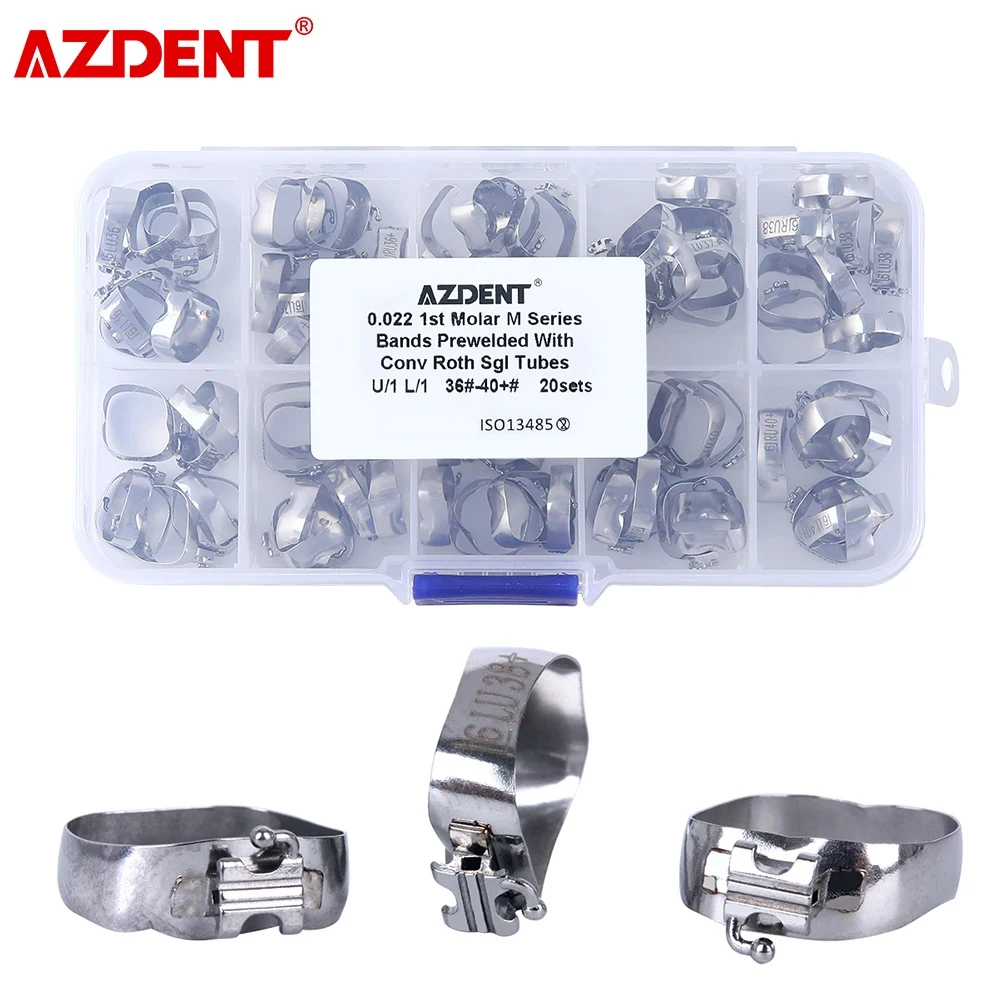 

AZDENT 80pcs Dental Orthodontic 1st Molar Bands with Buccal Tube M Series Convertible Roth.022 U/1 L/1 36#-40# Single Tube