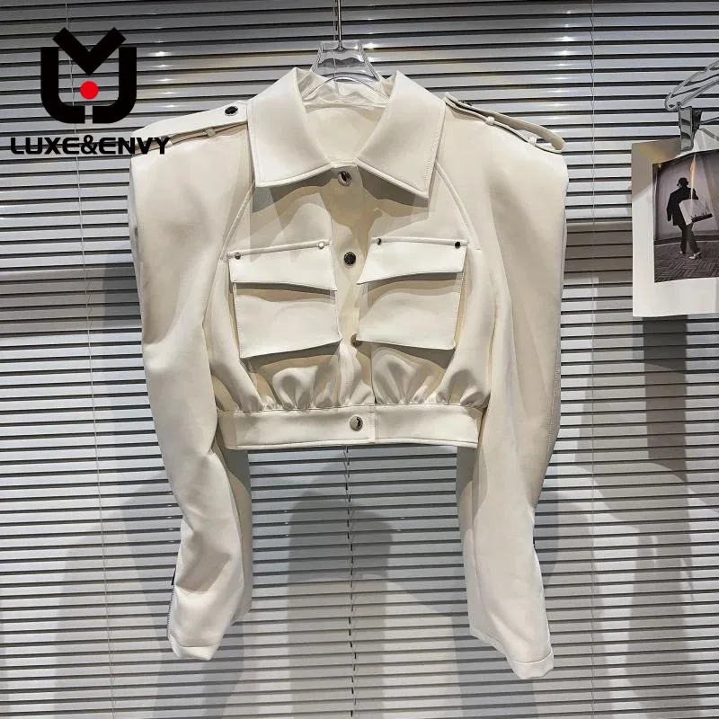 

LUXE&ENVY Netizen Same Style New Fried Street Style Pocket Shoulder Pad Spicy Girl Washed High Waist Coat Slim Coat 2023 Autumn