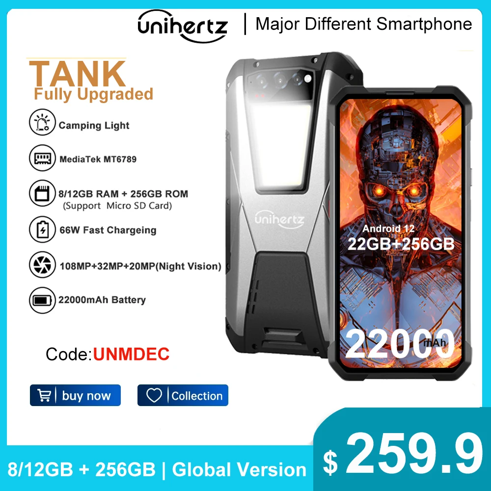 Unihertz TANK 22000mAh Rugged Smartphone Android 12 Cellphone Night Vision 108MP G99 8GB 12GB 256GB Mobile Phone
Unihertz TANK 22000mAh Rugged Smartphone Android 12 Cellphone Night Vision 108MP G99 8GB 12GB 256GB Mobile Phone