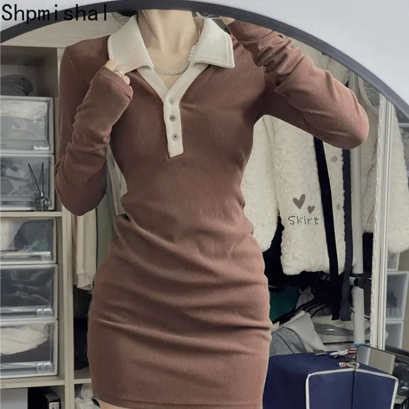 

Shpmishal пряное приталенное облегающее платье для девушек, женское трикотажное платье с длинным рукавом и воротником-поло на осень/зиму
