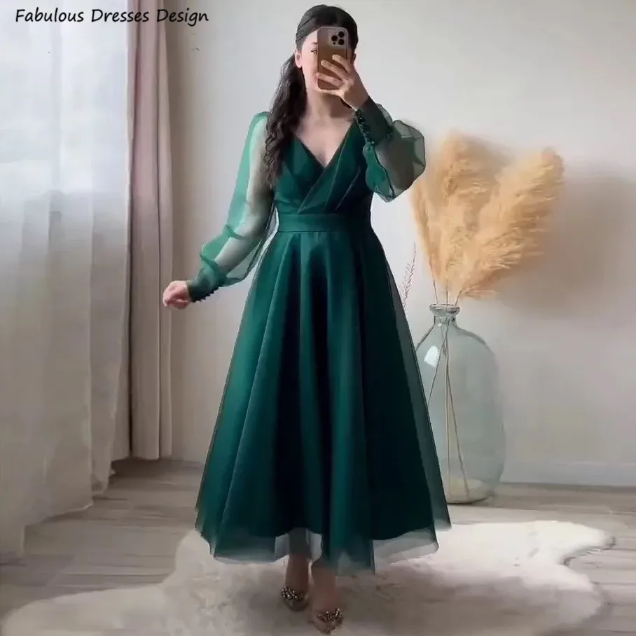 Dark Green Tulle A-line Bridesmaid Dresses Tea Length Sheer Long Sleeve Wedding Guest Dress 2024 V-neck Prom Party Gown
Dark Green Tulle A-line Bridesmaid Dresses Tea Length Sheer Long Sleeve Wedding Guest Dress 2024 V-neck Prom Party Gown